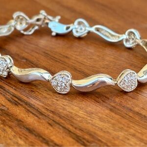 925 Sterling Silver CZ Pave Heart Link Tennis Bracelet